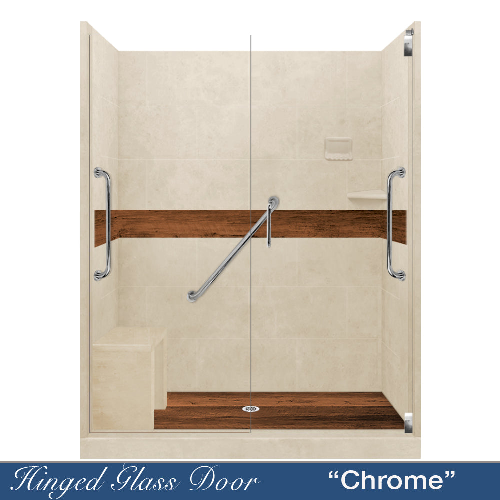 Freedom 60" Alcove Desert Sand Sistine Stone & Burnt Oak Wood Accent ("DIY Shower Remodel Kit")