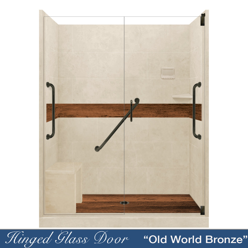 Freedom 60" Alcove Desert Sand Sistine Stone & Burnt Oak Wood Accent ("DIY Shower Remodel Kit")