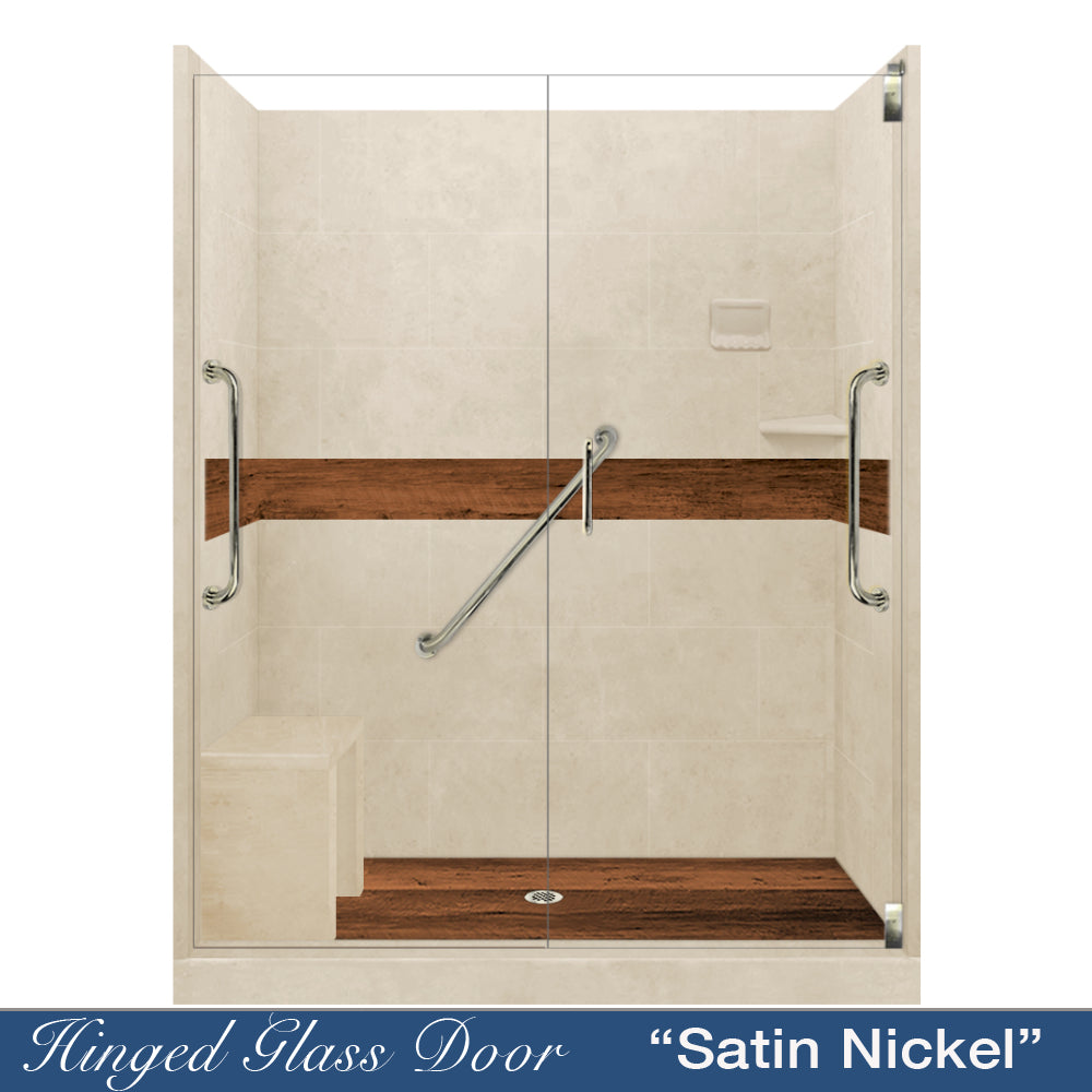 Freedom 60" Alcove Desert Sand Sistine Stone & Burnt Oak Wood Accent ("DIY Shower Remodel Kit")