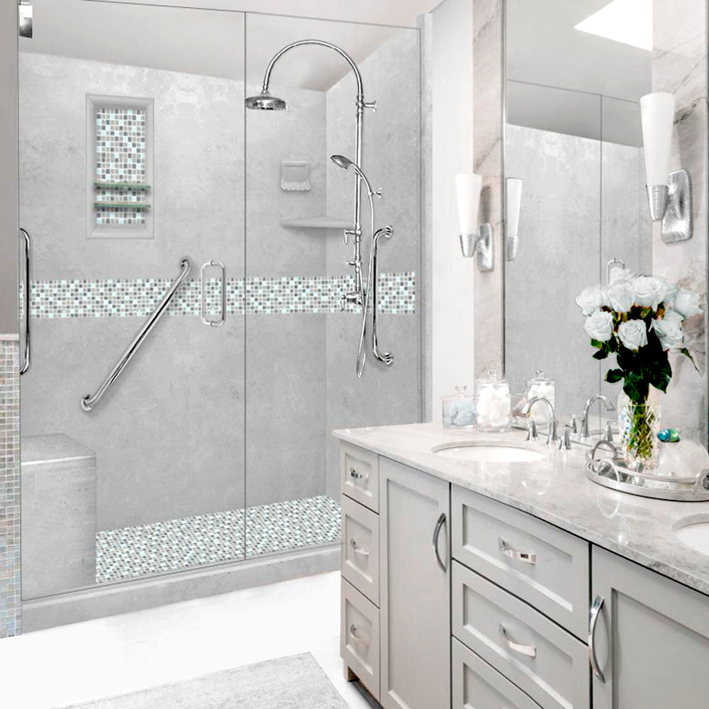 Freedom Portland Cement Del Mar Mosaic 60" Alcove Stone Shower Enclosure Kit