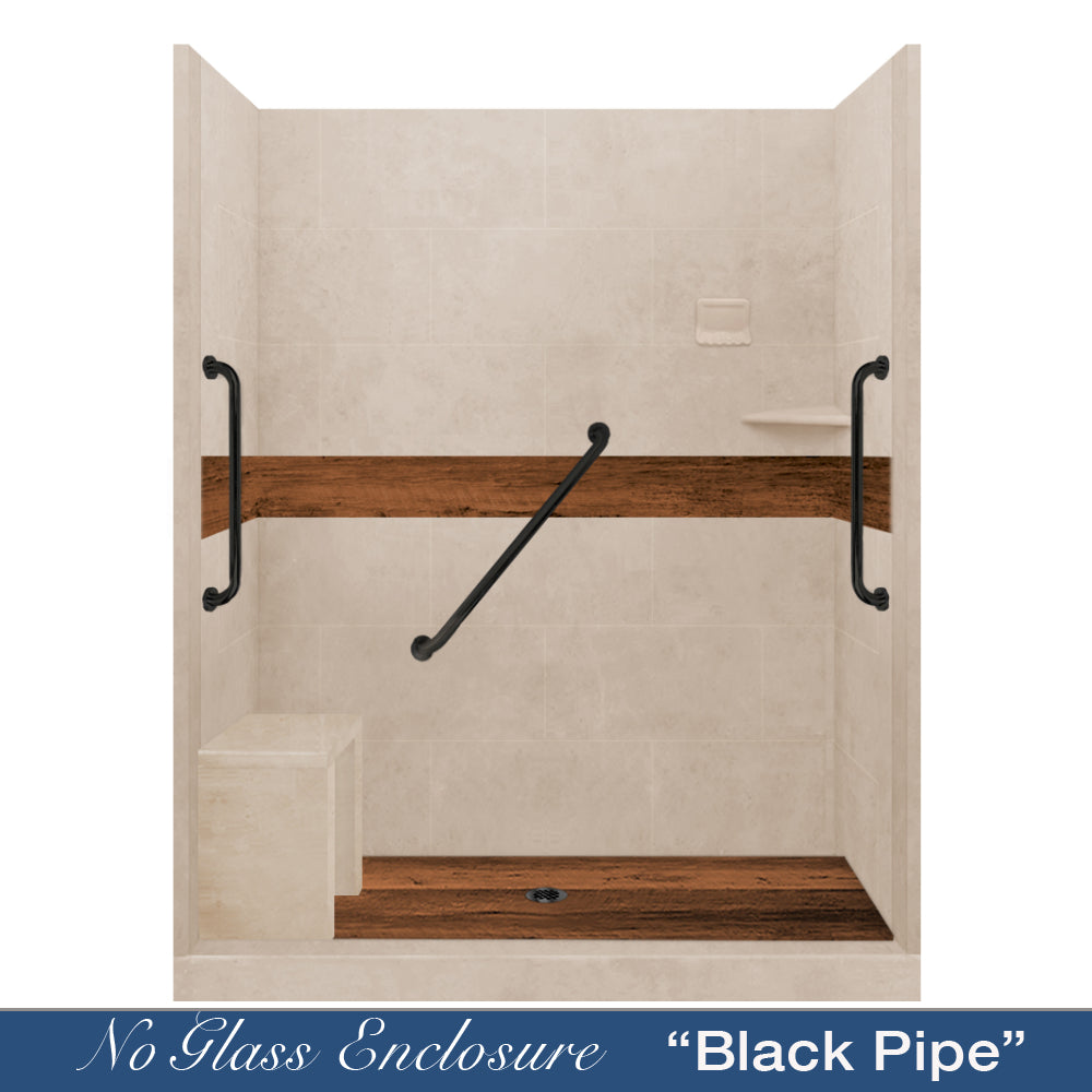 Freedom 60" Alcove Brown Sugar Sistine Stone & Burnt Oak Wood Accent ("DIY Shower Remodel Kit")