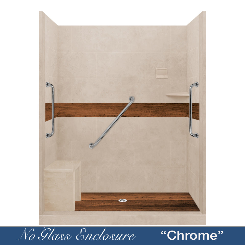 Freedom 60" Alcove Brown Sugar Sistine Stone & Burnt Oak Wood Accent ("DIY Shower Remodel Kit")