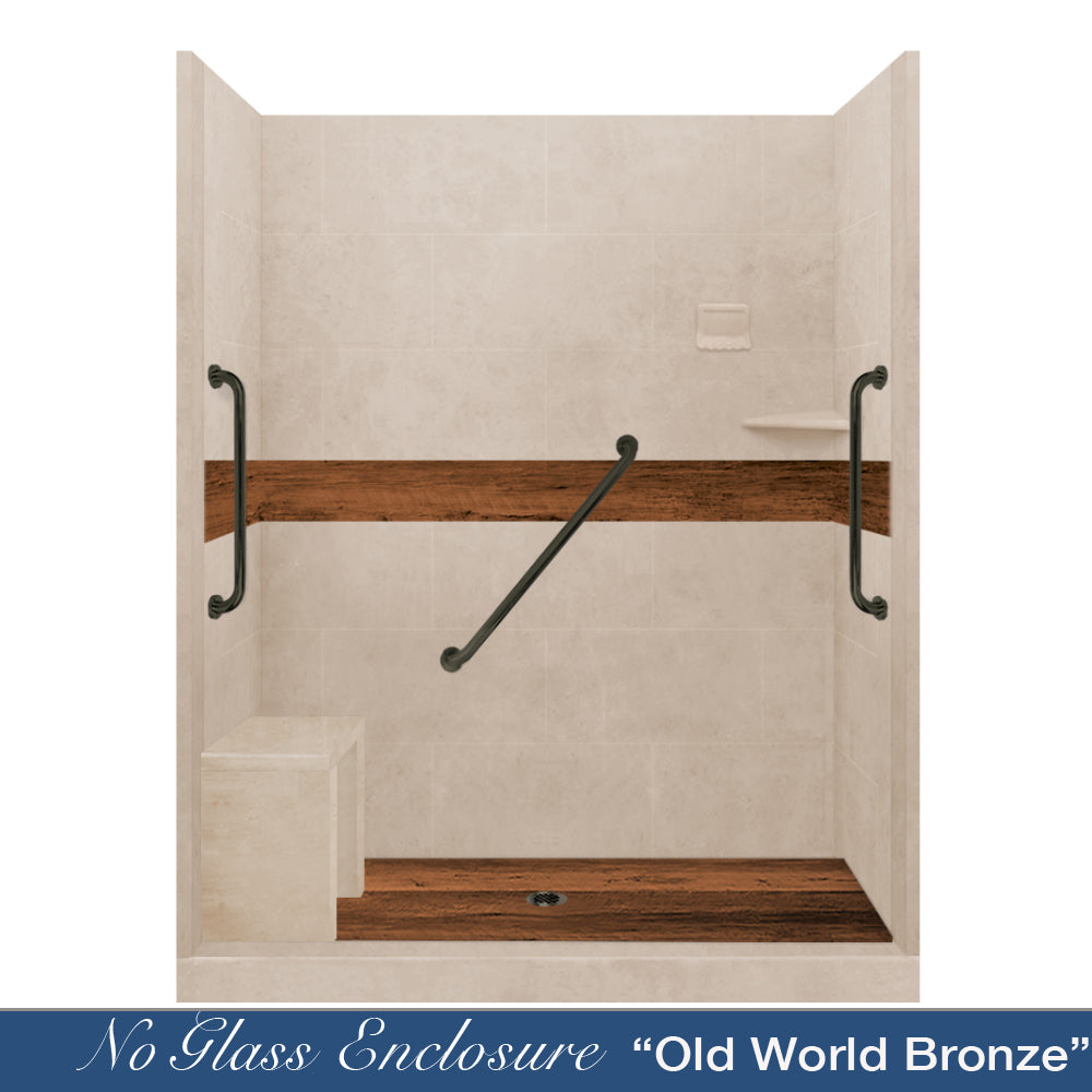 Freedom 60" Alcove Brown Sugar Sistine Stone & Burnt Oak Wood Accent ("DIY Shower Remodel Kit")