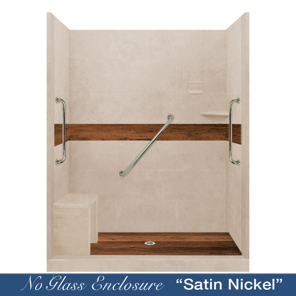 Freedom 60" Alcove Brown Sugar Sistine Stone & Burnt Oak Wood Accent ("DIY Shower Remodel Kit")