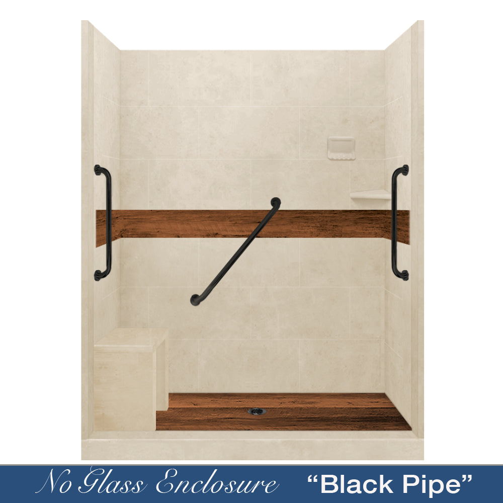 Freedom 60" Alcove Desert Sand Sistine Stone & Burnt Oak Wood Accent ("DIY Shower Remodel Kit")