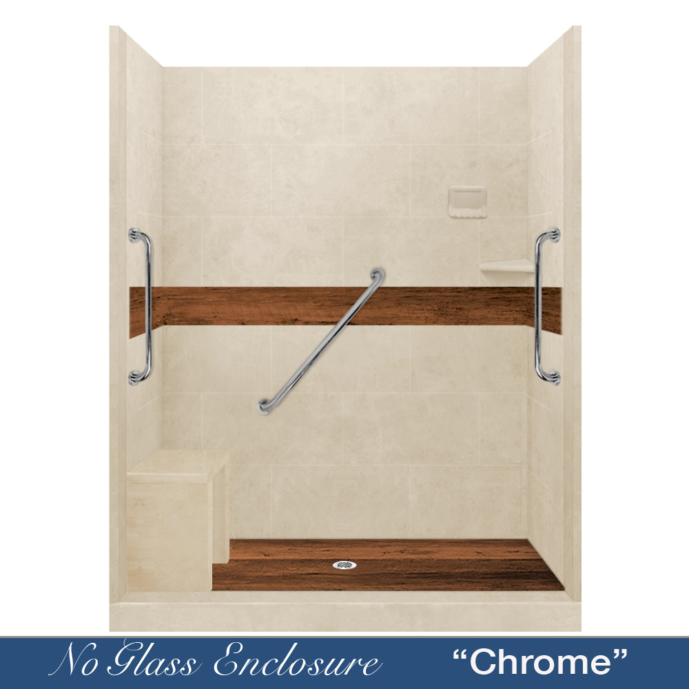Freedom 60" Alcove Desert Sand Sistine Stone & Burnt Oak Wood Accent ("DIY Shower Remodel Kit")