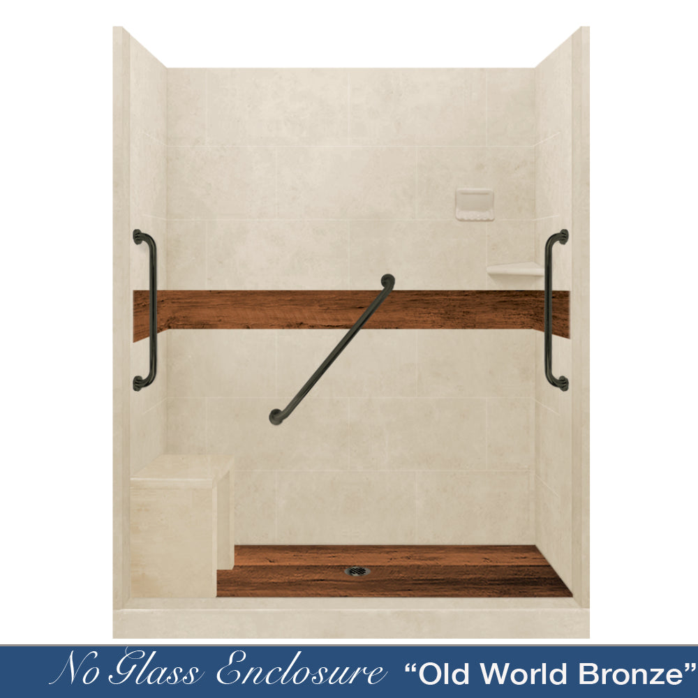 Freedom 60" Alcove Desert Sand Sistine Stone & Burnt Oak Wood Accent ("DIY Shower Remodel Kit")