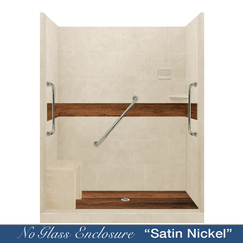 Freedom 60" Alcove Desert Sand Sistine Stone & Burnt Oak Wood Accent ("DIY Shower Remodel Kit")