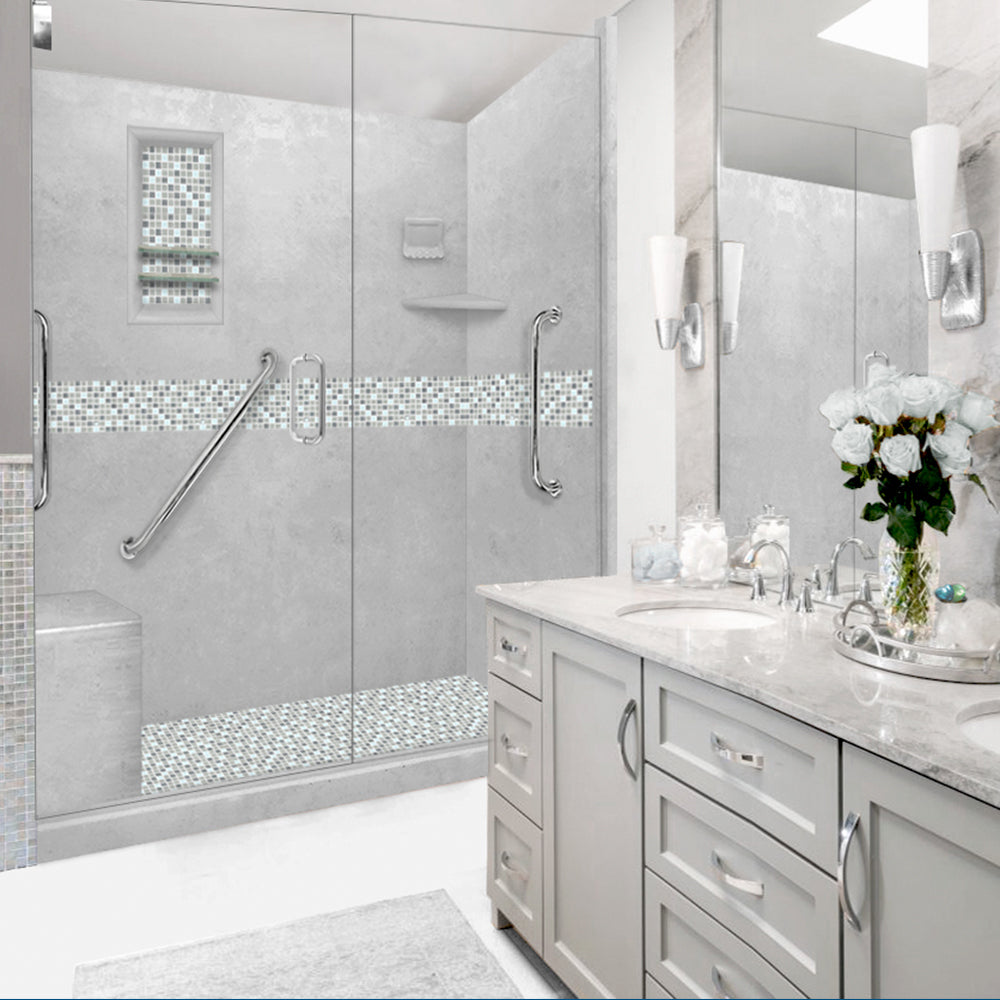 Freedom 60" Alcove Portland Cement Sistine Stone & Del Mar Mosaic Accent ("DIY Shower Remodel Kit")