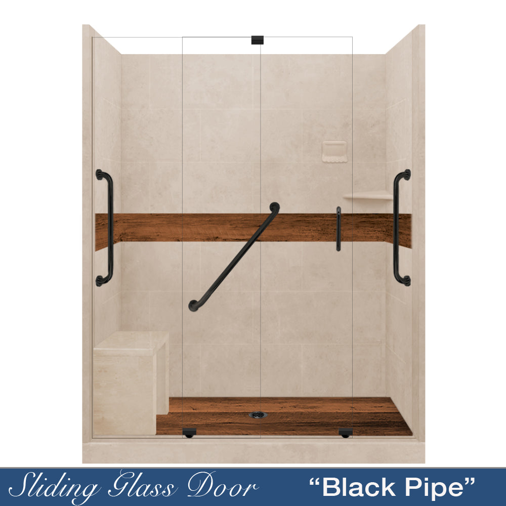 Freedom 60" Alcove Brown Sugar Sistine Stone & Burnt Oak Wood Accent ("DIY Shower Remodel Kit")