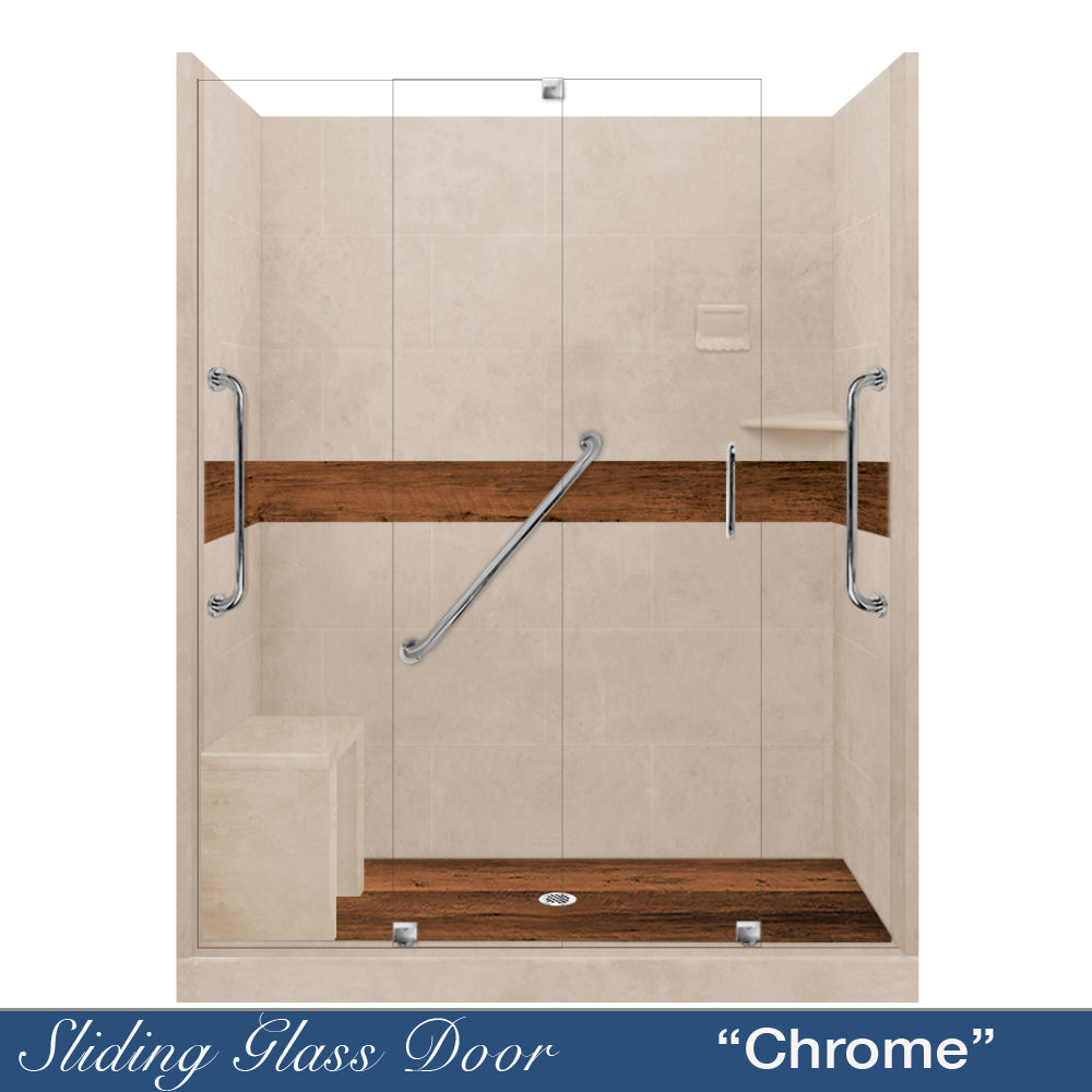 Freedom 60" Alcove Brown Sugar Sistine Stone & Burnt Oak Wood Accent ("DIY Shower Remodel Kit")