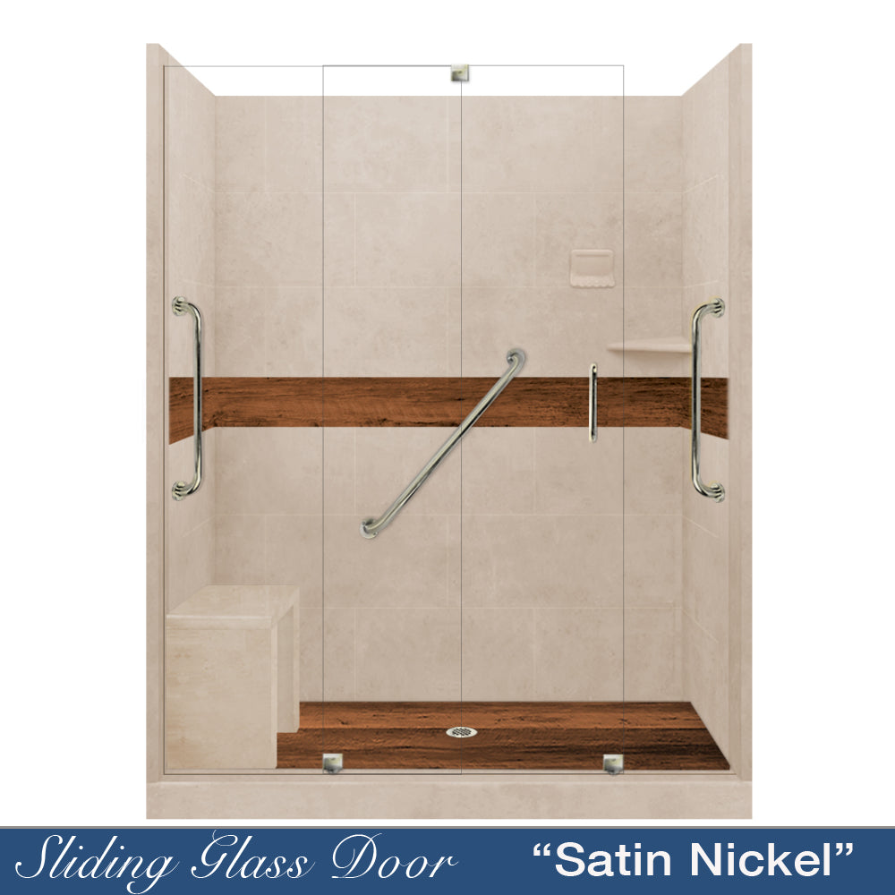 Freedom 60" Alcove Brown Sugar Sistine Stone & Burnt Oak Wood Accent ("DIY Shower Remodel Kit")