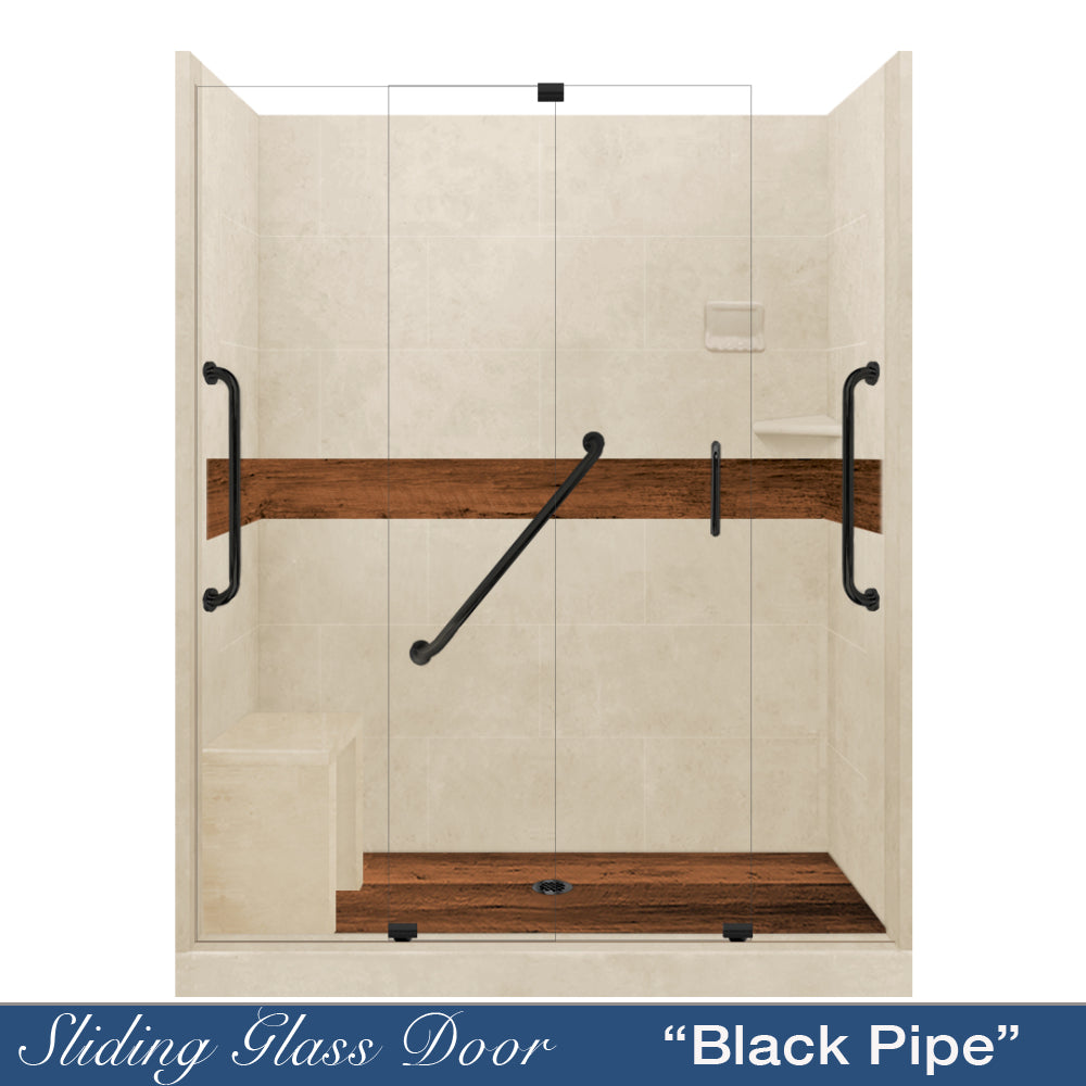 Freedom 60" Alcove Desert Sand Sistine Stone & Burnt Oak Wood Accent ("DIY Shower Remodel Kit")