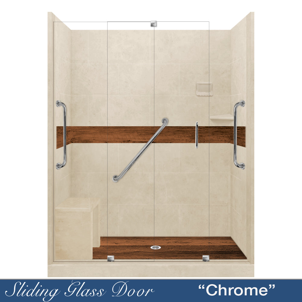 Freedom 60" Alcove Desert Sand Sistine Stone & Burnt Oak Wood Accent ("DIY Shower Remodel Kit")