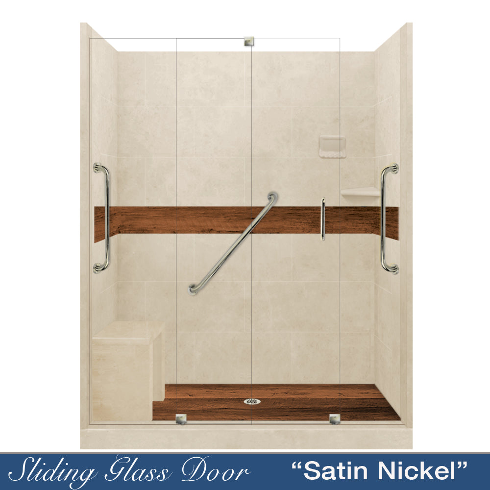 Freedom 60" Alcove Desert Sand Sistine Stone & Burnt Oak Wood Accent ("DIY Shower Remodel Kit")