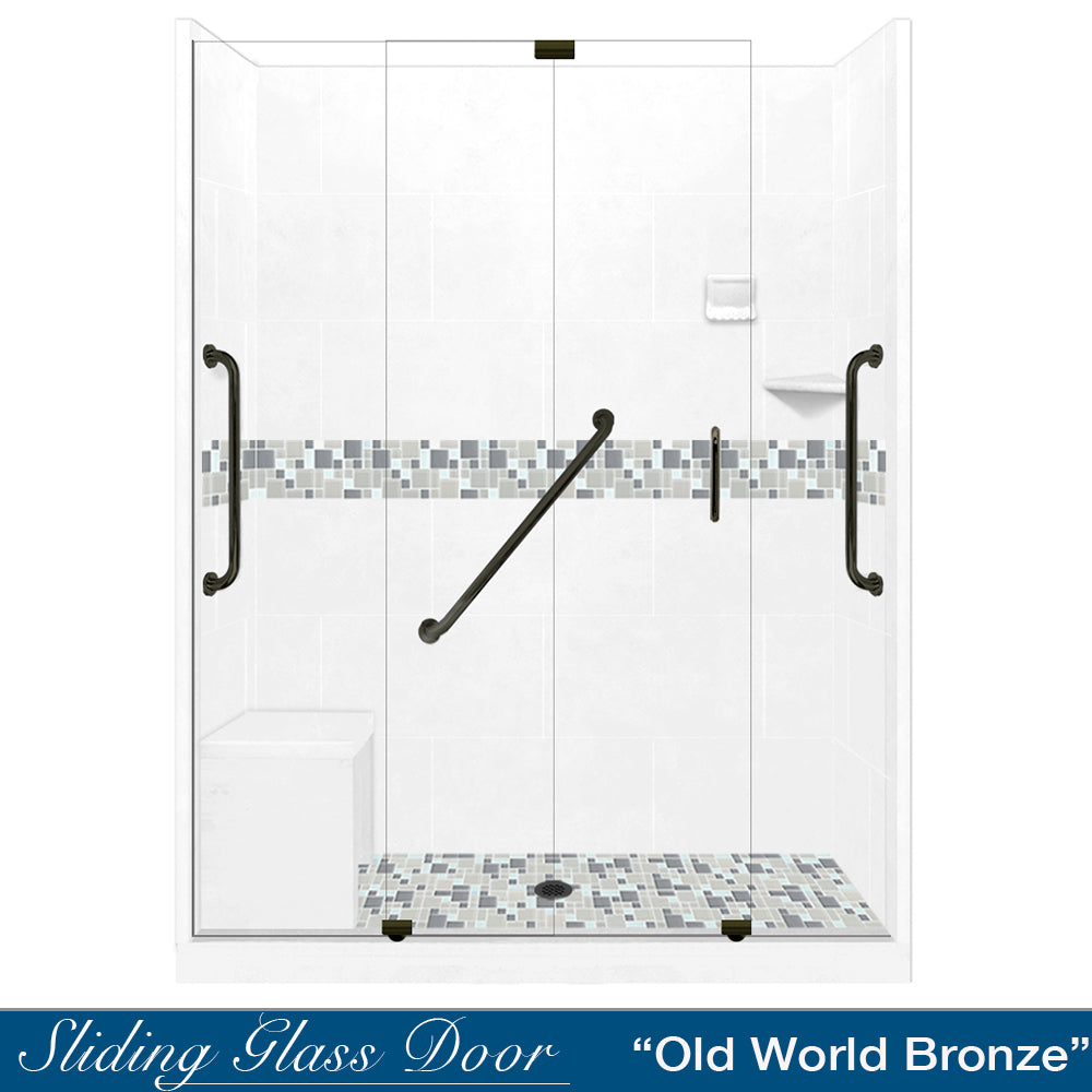 Freedom Standard Del Mar Mosaic Natural Buff 60" Alcove Shower Kit  testing shower - American Bath Factory