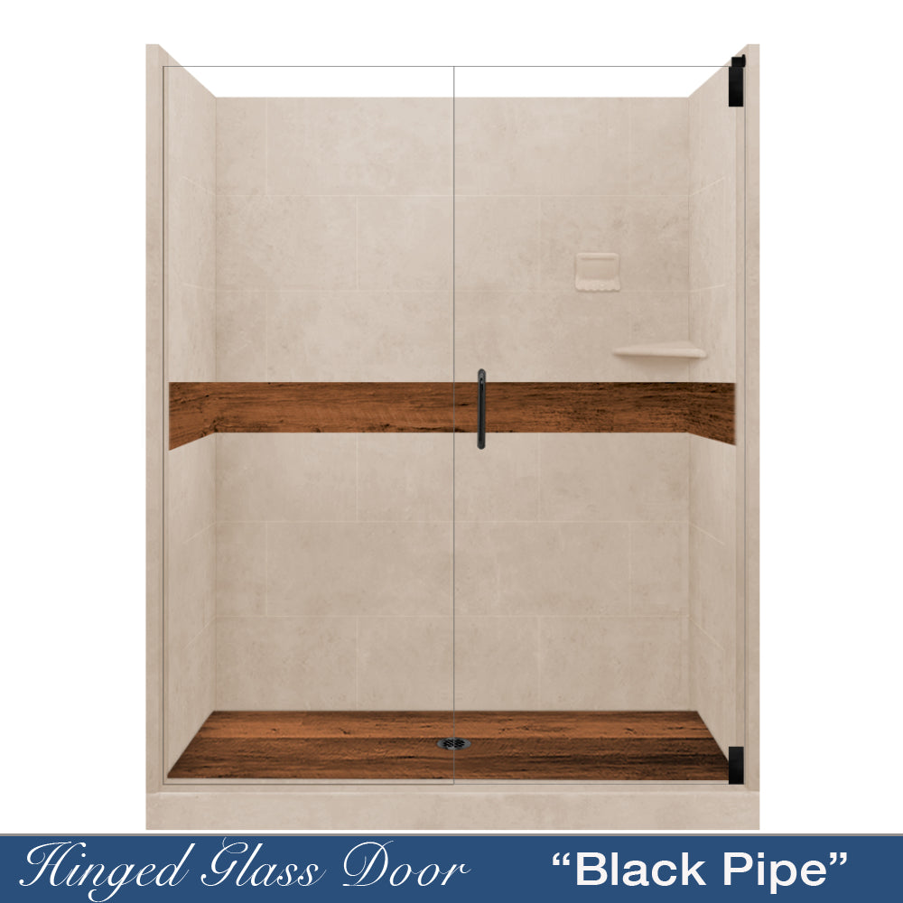 60" Alcove Brown Sugar Sistine Stone & Burnt Oak Wood Accent ("DIY Shower Remodel Kit")