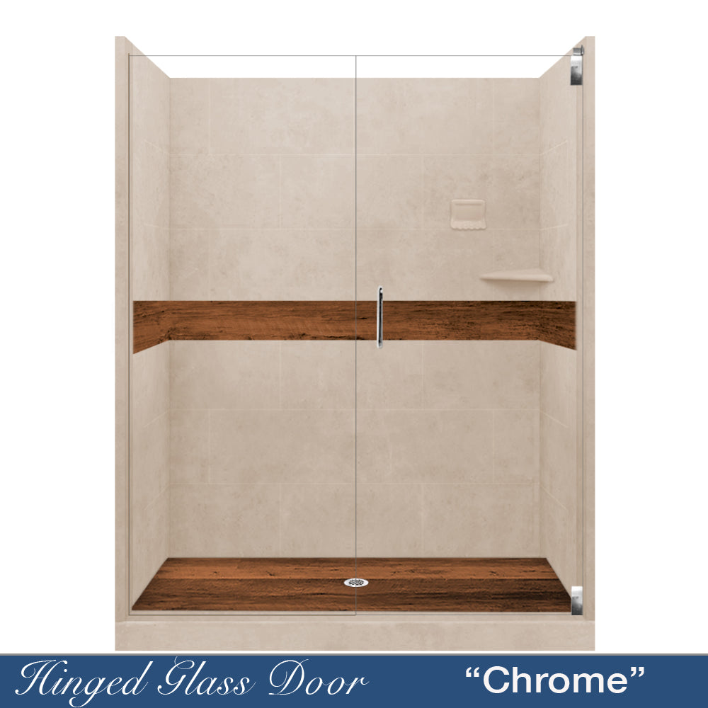 60" Alcove Brown Sugar Sistine Stone & Burnt Oak Wood Accent ("DIY Shower Remodel Kit")