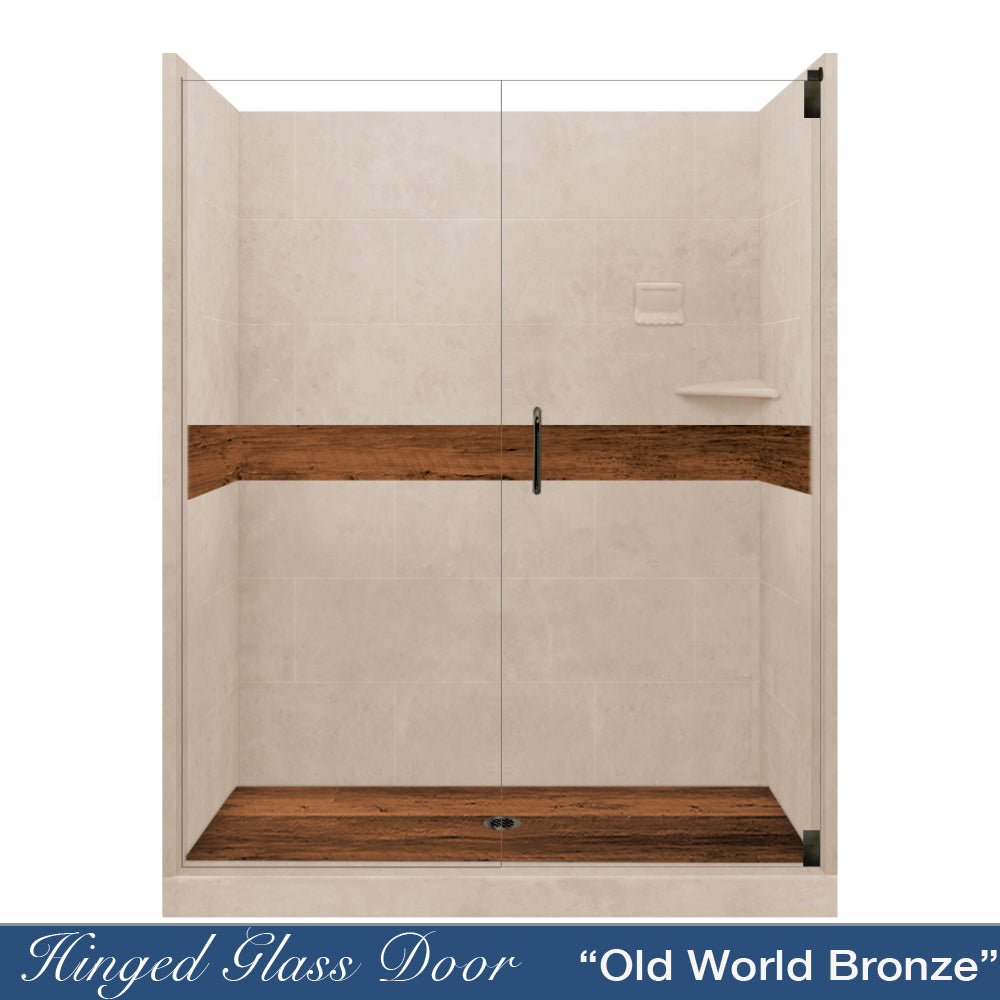 60" Alcove Brown Sugar Sistine Stone & Burnt Oak Wood Accent ("DIY Shower Remodel Kit")
