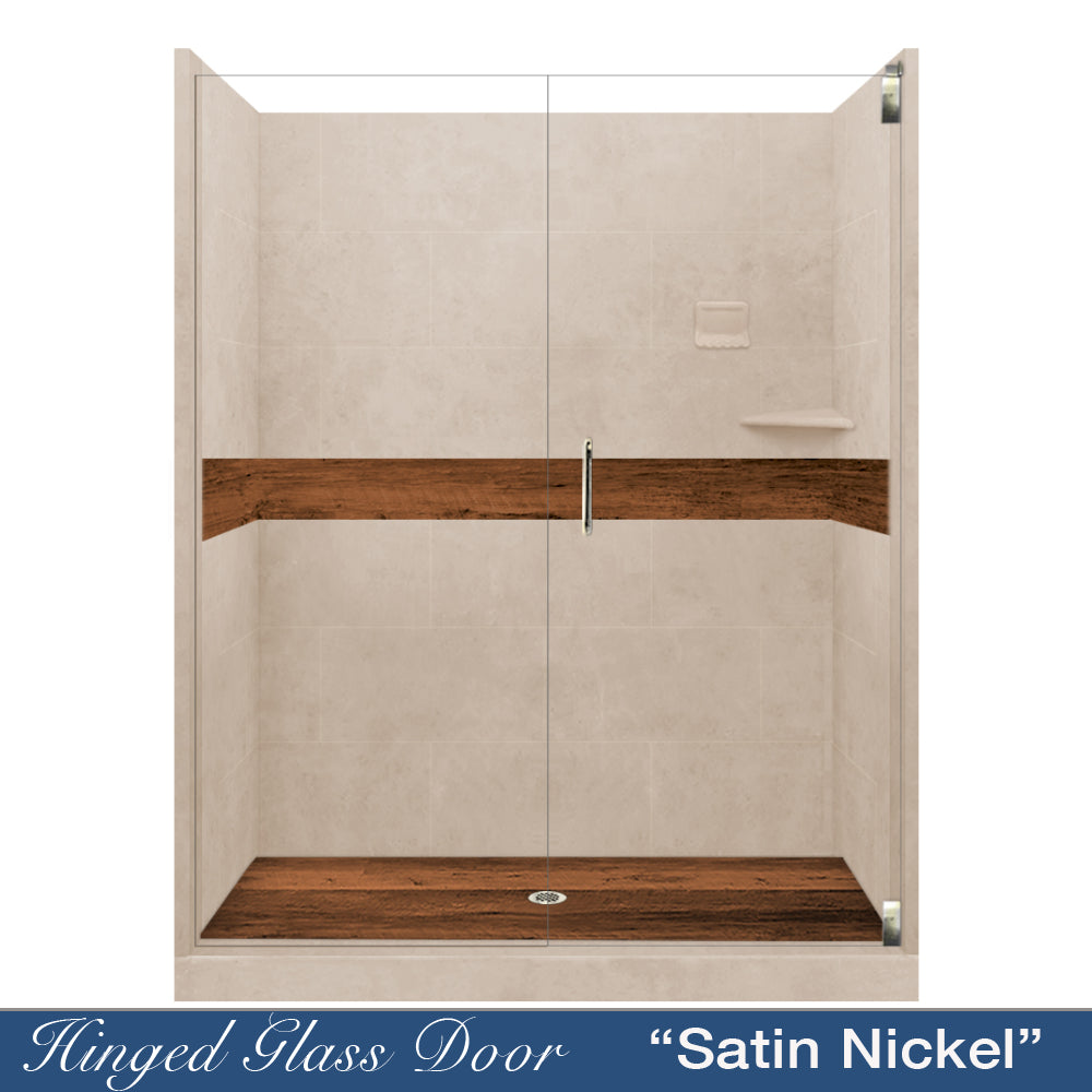 60" Alcove Brown Sugar Sistine Stone & Burnt Oak Wood Accent ("DIY Shower Remodel Kit")