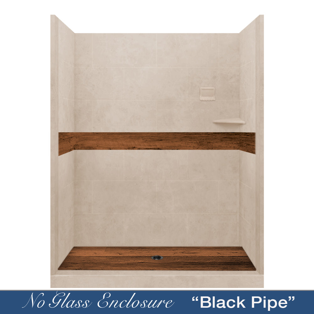 60" Alcove Brown Sugar Sistine Stone & Burnt Oak Wood Accent ("DIY Shower Remodel Kit")