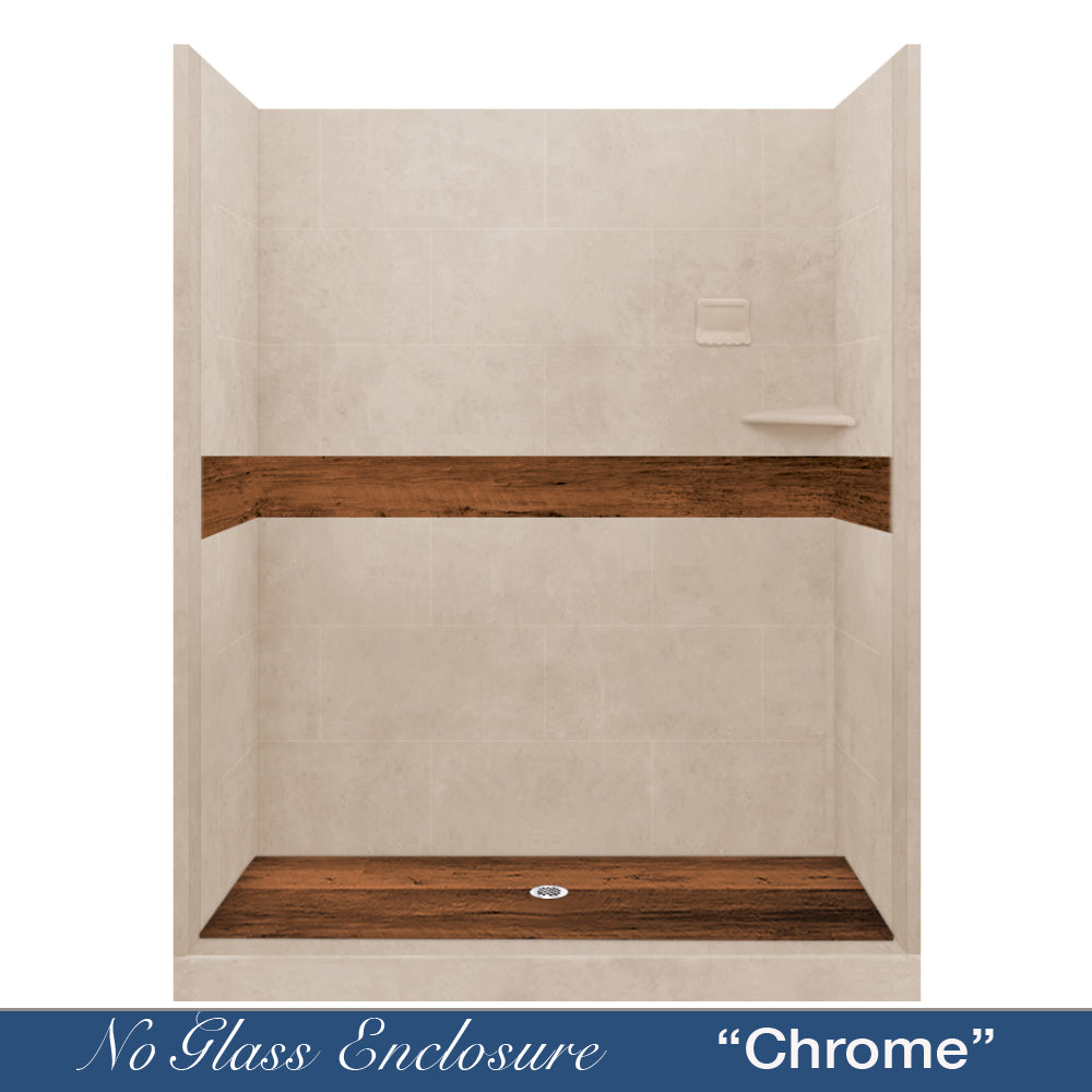 60" Alcove Brown Sugar Sistine Stone & Burnt Oak Wood Accent ("DIY Shower Remodel Kit")