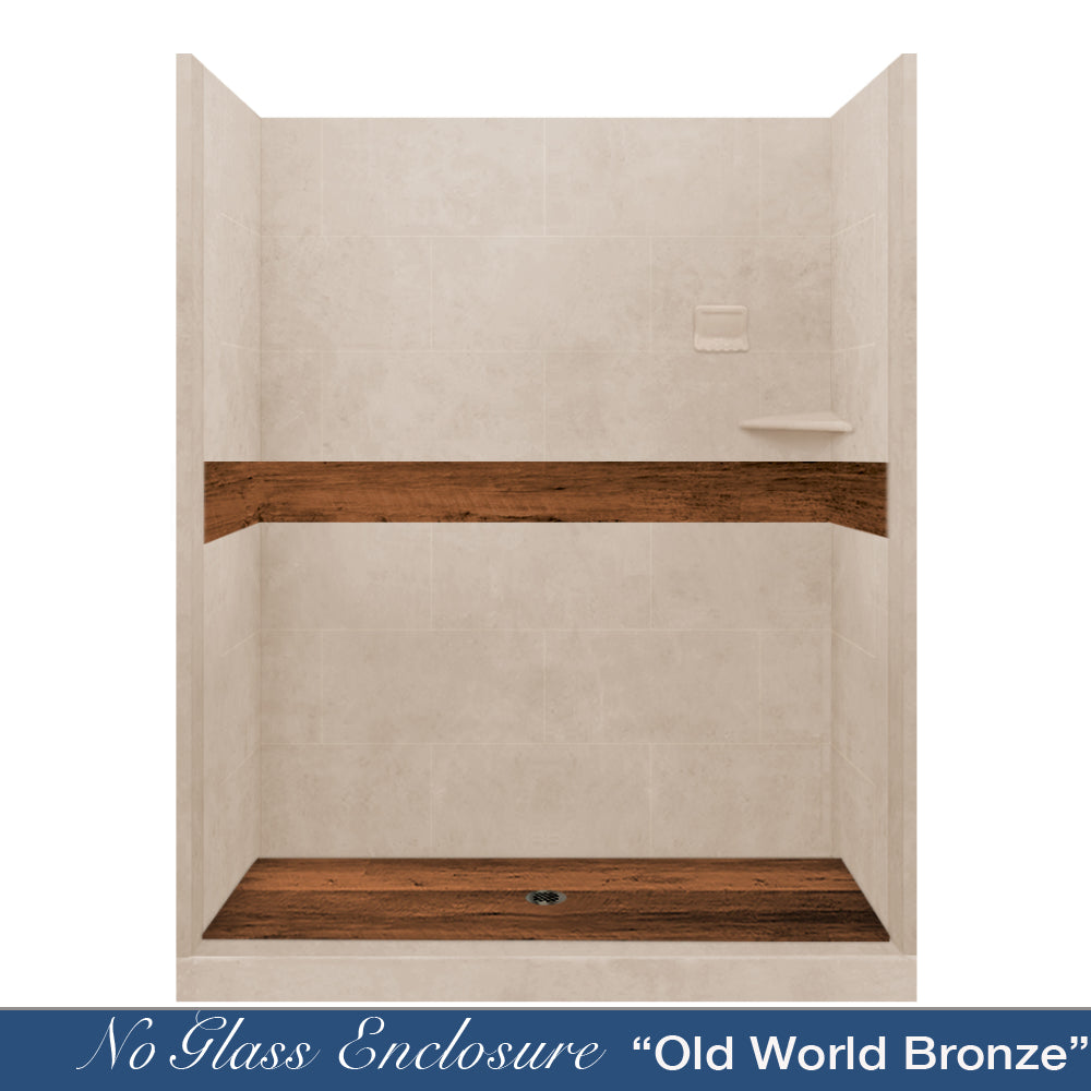 60" Alcove Brown Sugar Sistine Stone & Burnt Oak Wood Accent ("DIY Shower Remodel Kit")