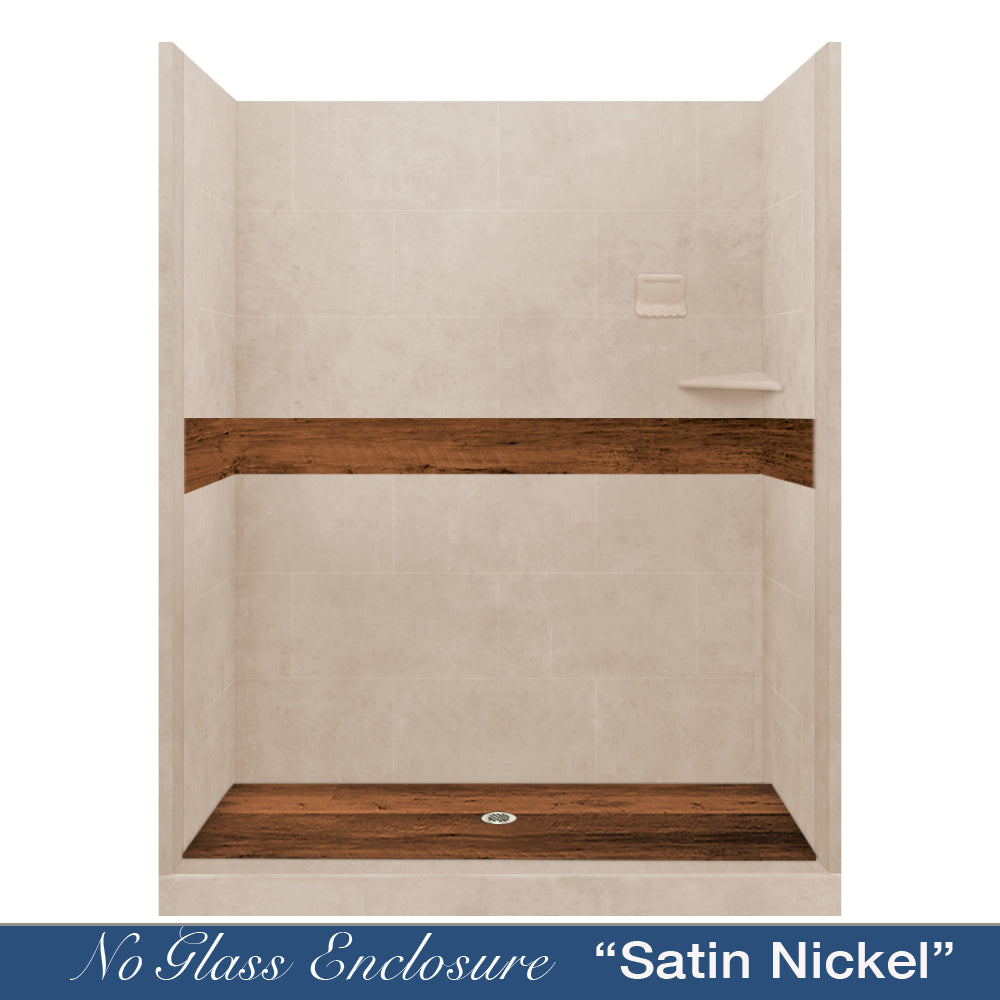 60" Alcove Brown Sugar Sistine Stone & Burnt Oak Wood Accent ("DIY Shower Remodel Kit")