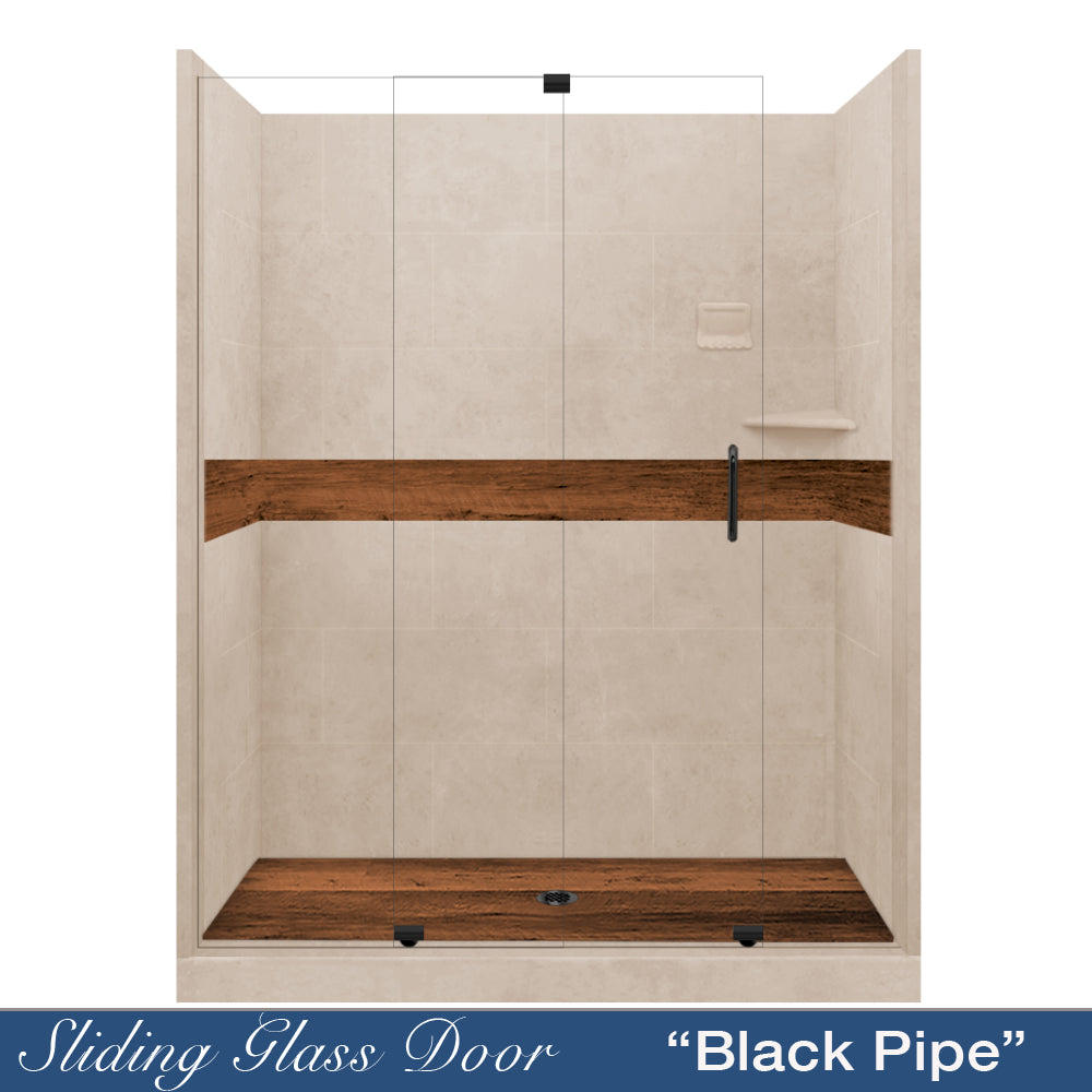 60" Alcove Brown Sugar Sistine Stone & Burnt Oak Wood Accent ("DIY Shower Remodel Kit")