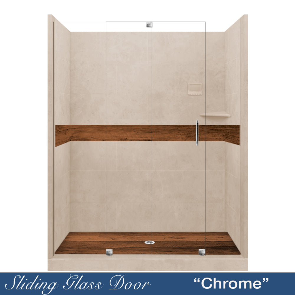 60" Alcove Brown Sugar Sistine Stone & Burnt Oak Wood Accent ("DIY Shower Remodel Kit")