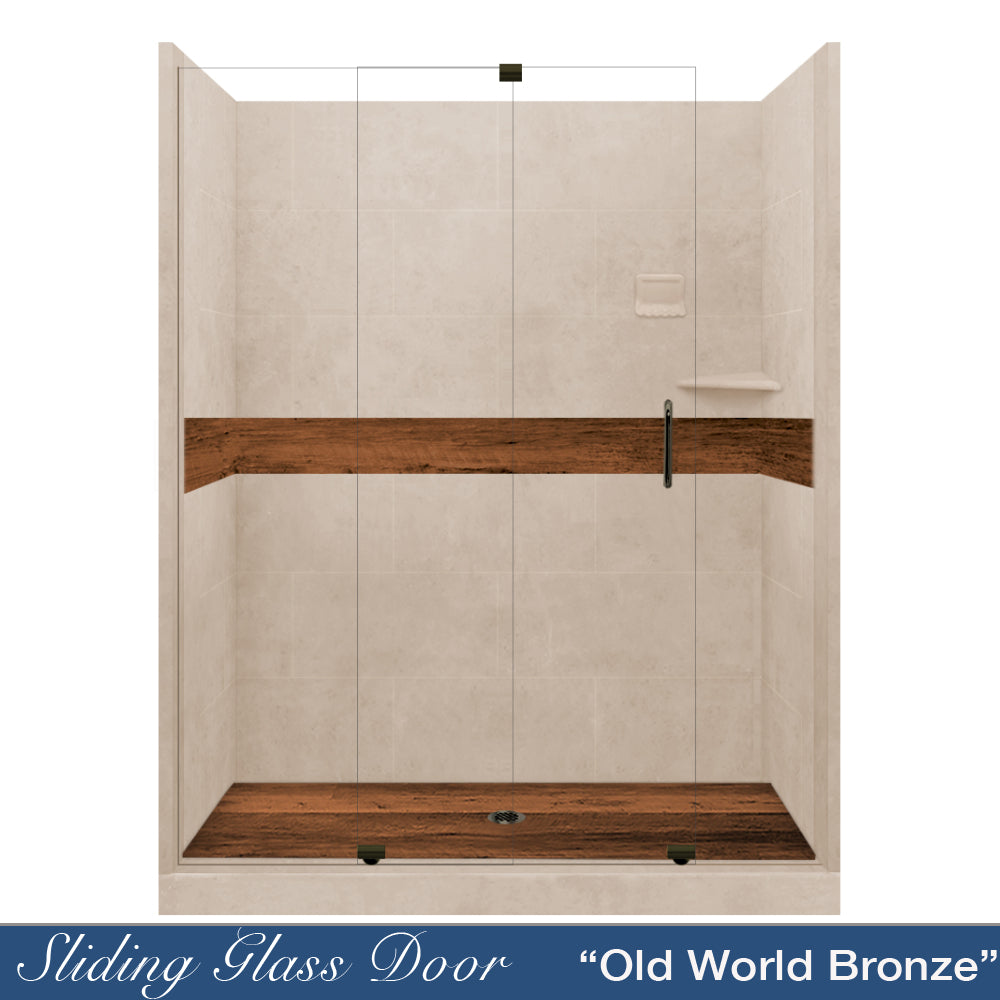 60" Alcove Brown Sugar Sistine Stone & Burnt Oak Wood Accent ("DIY Shower Remodel Kit")