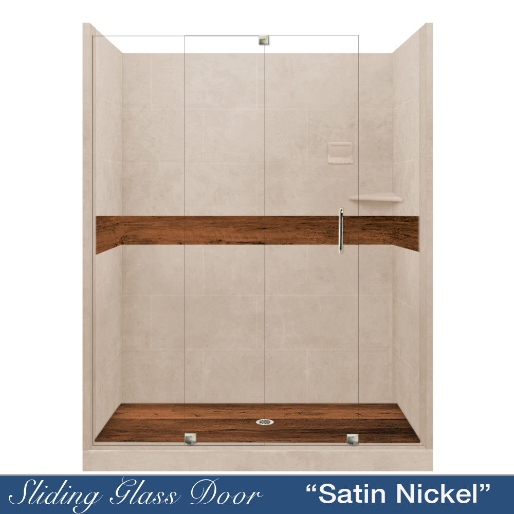 60" Alcove Brown Sugar Sistine Stone & Burnt Oak Wood Accent ("DIY Shower Remodel Kit")