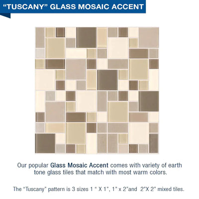 Clearance-Freedom 60" X 30" Tuscany Mosaic Desert Sand Center Drain Stone Alcove Shower Kit W/Glass Door (26)