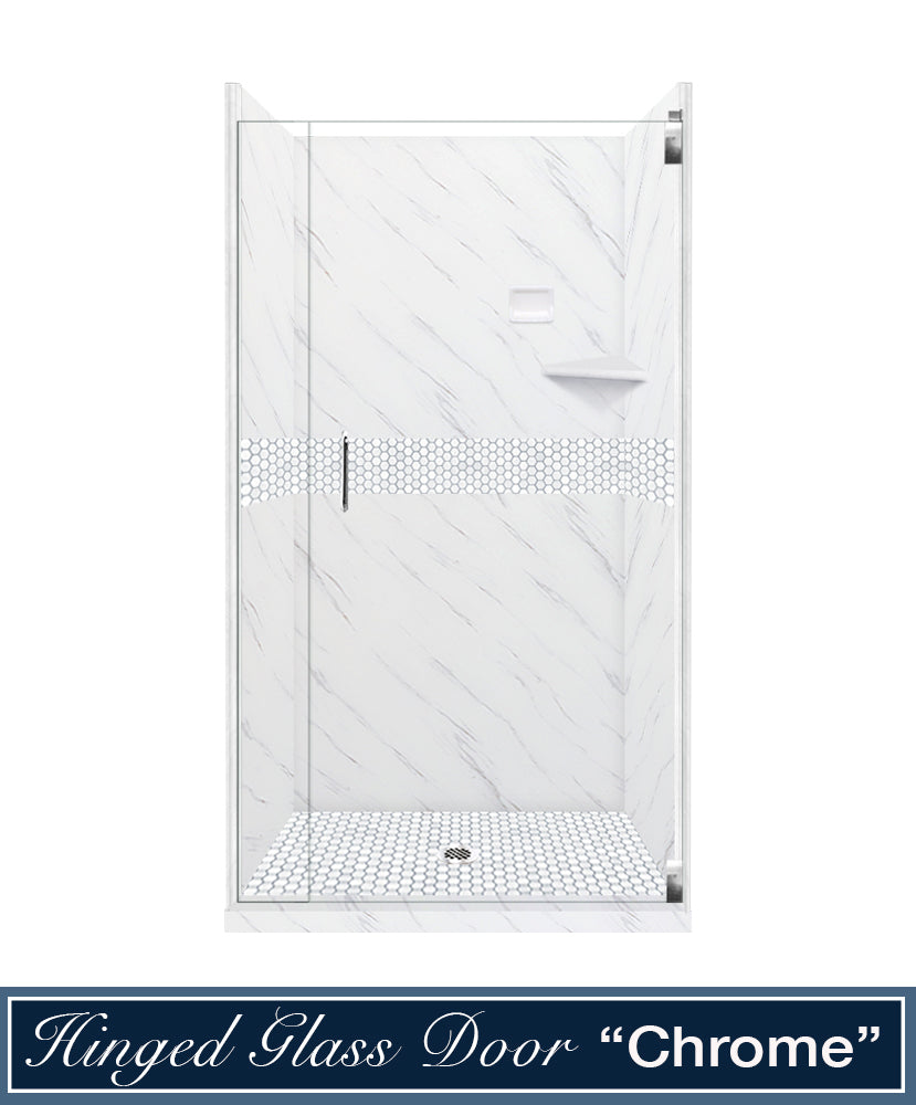 60" Alcove Carrara Medici Marble & Pearl Hex Mosaic Accent ("DIY Shower Remodel Kit")