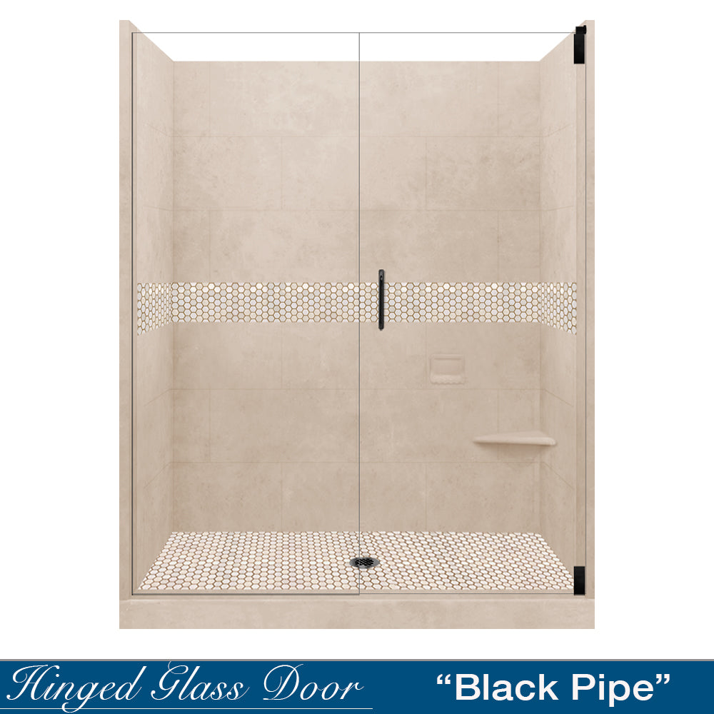 60" Alcove Brown Sugar Sistine Stone & Honey Hex Mosaic Accent ("DIY Shower Remodel Kit")
