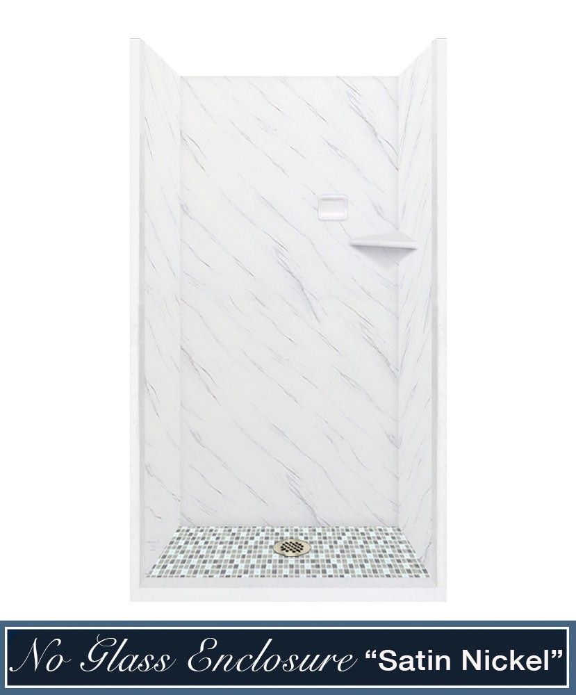 60" Alcove Carrara Medici Marble & Del Mar Mosaic Accent Shower Remodel Kit