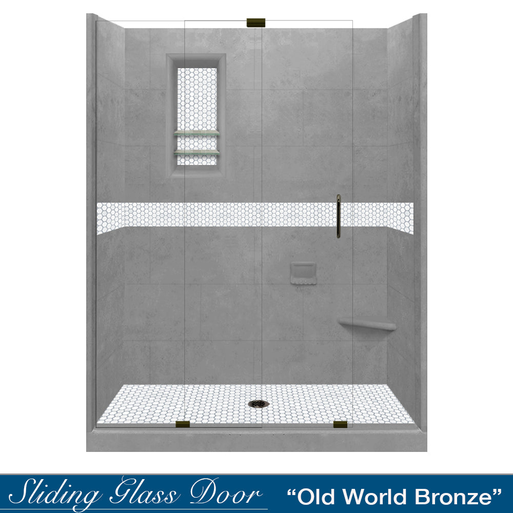 60" Alcove Wet Cement Sistine Stone & Pearl Hex Mosaic Accent ("DIY Shower Remodel Kit")