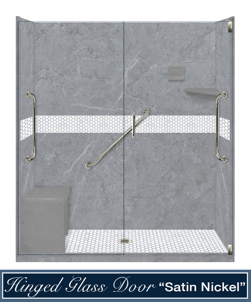 Freedom 60" Alcove Grio Medici Marble & Pearl Hex Mosaic Accent Shower Remodel Kit