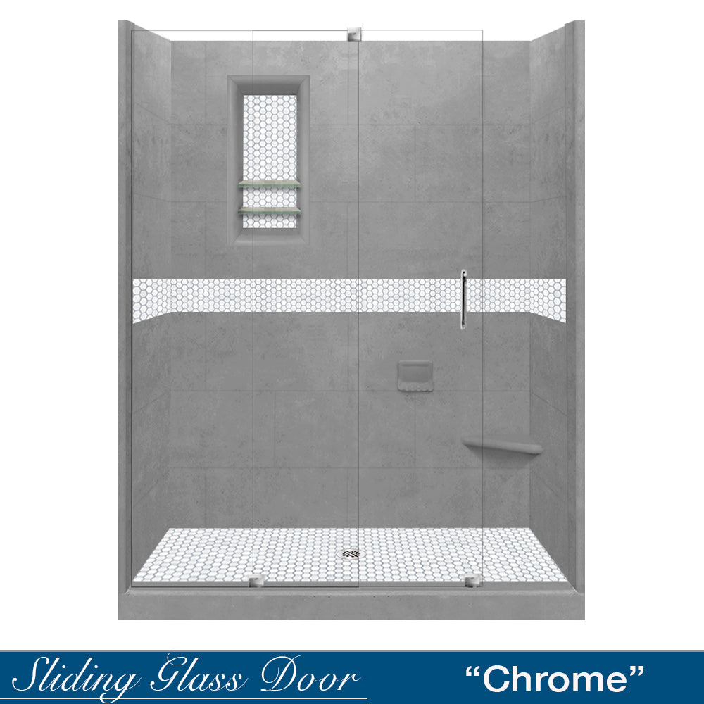 60" Alcove Wet Cement Sistine Stone & Pearl Hex Mosaic Accent ("DIY Shower Remodel Kit")