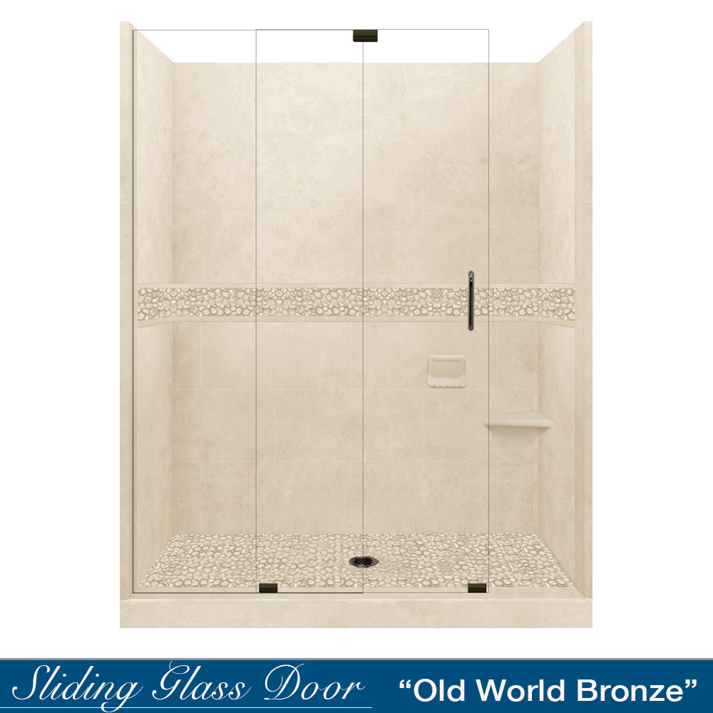 60" Alcove Desert Sand Sistine Stone & Pebble Stone Accent Shower Remodel Kit