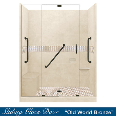 Freedom  Honey Hex Mosaic Desert Sand 60" Alcove Stone Shower Enclosure Kit