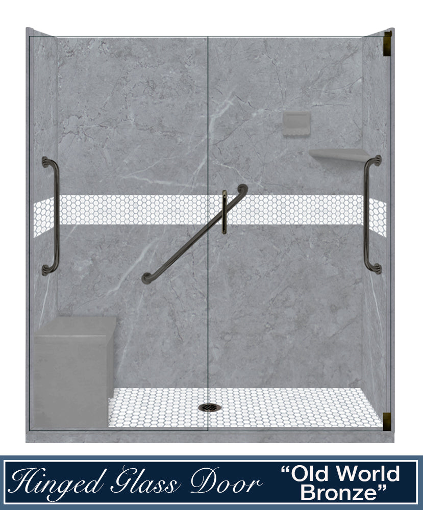 Freedom 60" Alcove Grio Medici Marble & Pearl Hex Mosaic Accent Shower Remodel Kit