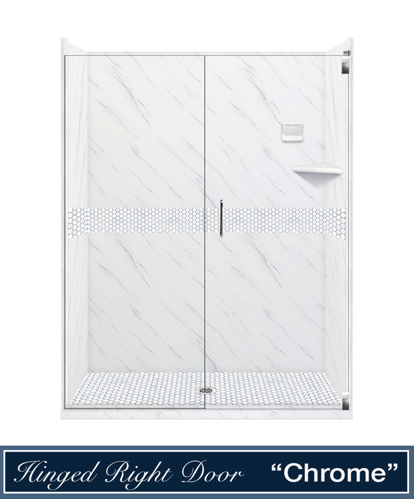60" Alcove Carrara Medici Marble & Pearl Hex Mosaic Accent ("DIY Shower Remodel Kit")