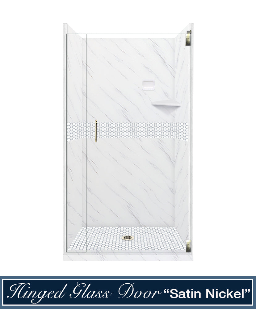 60" Alcove Carrara Medici Marble & Pearl Hex Mosaic Accent ("DIY Shower Remodel Kit")