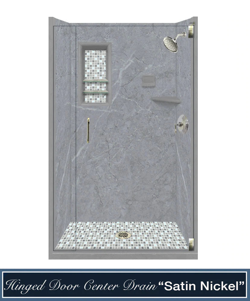 Clearance-36" X 36" Grio Marble Del Mar Mosaic Shower Kit W/ Glass Door