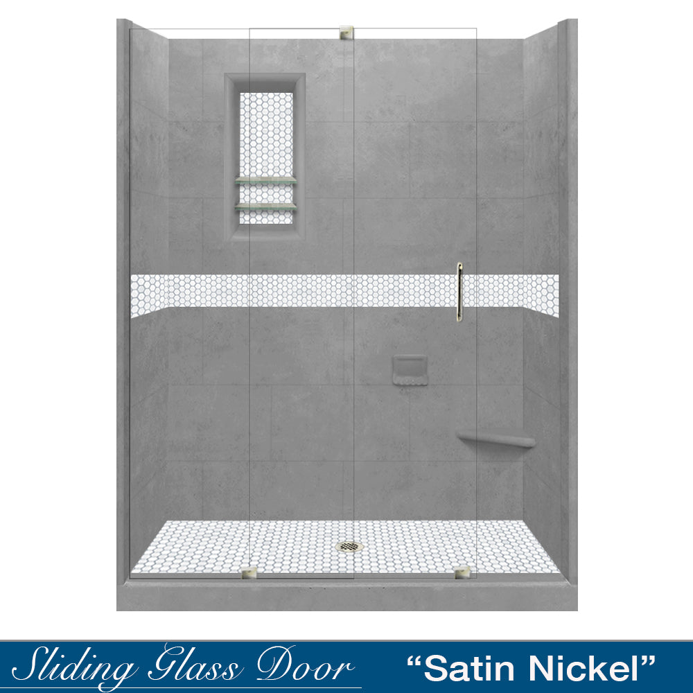 60" Alcove Wet Cement Sistine Stone & Pearl Hex Mosaic Accent ("DIY Shower Remodel Kit")