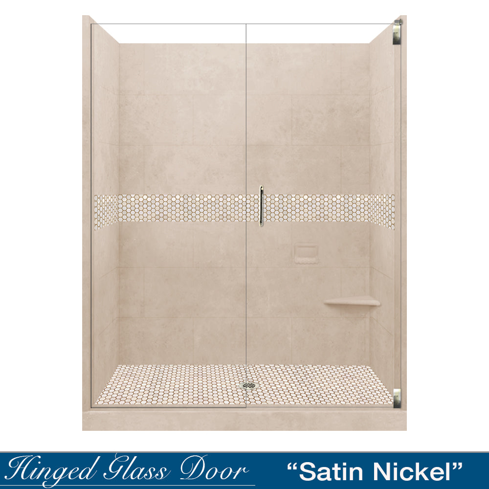 60" Alcove Brown Sugar Sistine Stone & Honey Hex Mosaic Accent ("DIY Shower Remodel Kit")