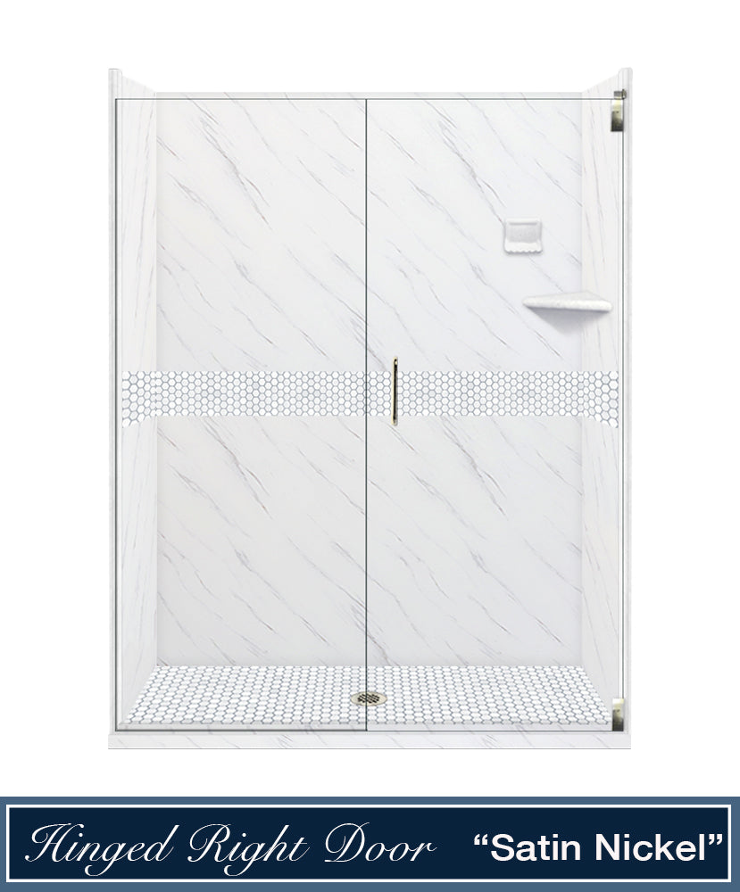 60" Alcove Carrara Medici Marble & Pearl Hex Mosaic Accent ("DIY Shower Remodel Kit")