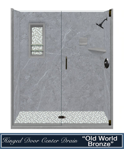 CLEARANCE-60" X 32" Grio Marble Del Mar Mosaic Alcove Shower Kit W/Glass Door
