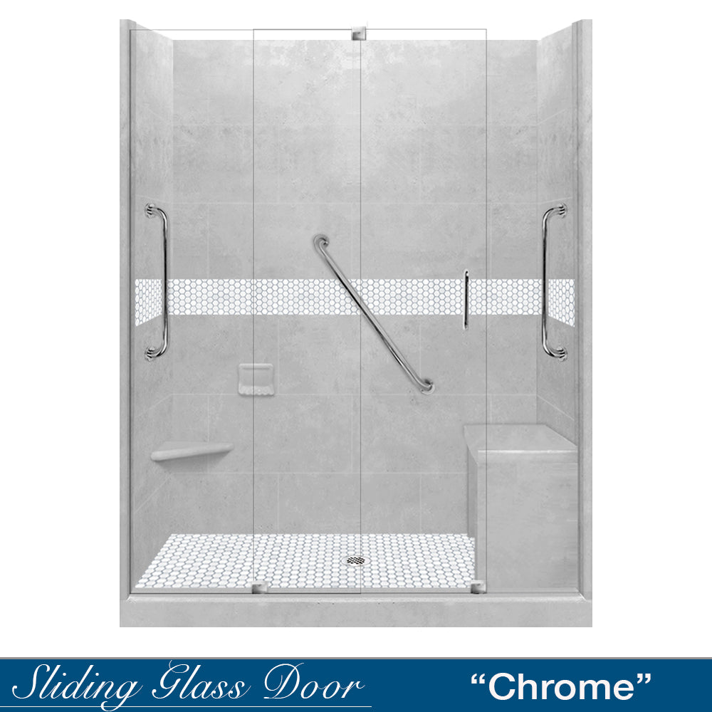 Freedom Pearl Hex Mosaic Portland Cement 60" Alcove Stone Shower Kit